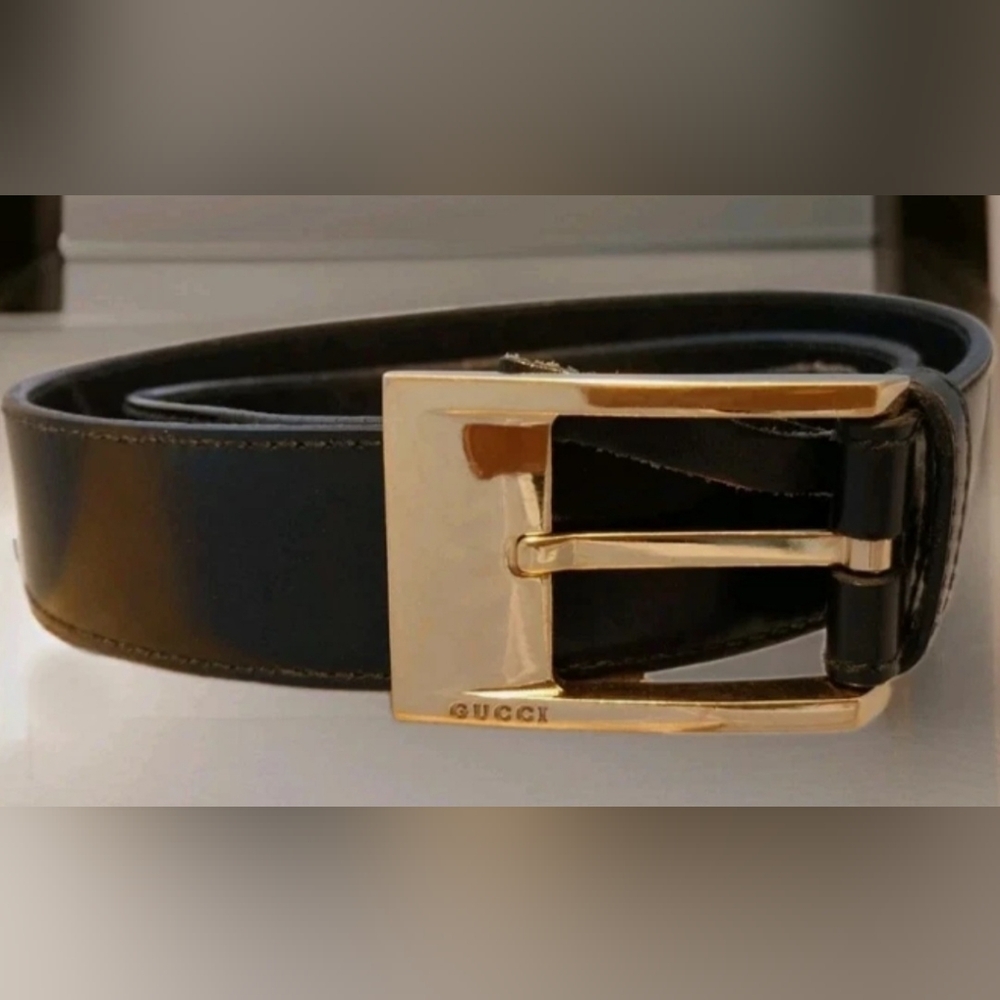 Gucci Men's Black Leather Belt with Solid Gold Brass Buckle, 35", 36", 37" - Picture 1 of 10
